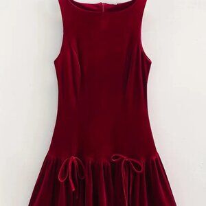 Crimson Velvety Bow-Knot Hem Dress